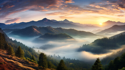 Colorful morning panorama of the morning mountains