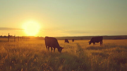 Cows grazing peacefully in the warm sunset glow