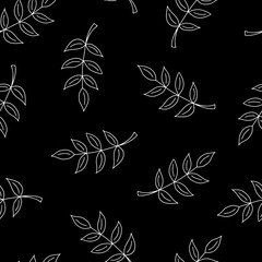 Seamless Pattern with Hand Drawn Black and White Leaves.