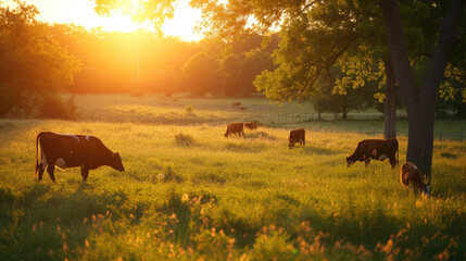 Cows grazing peacefully in the warm sunset glow