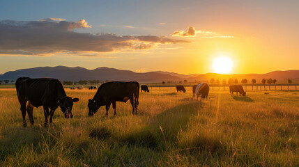 Cows grazing peacefully in the warm sunset glow