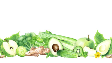 Horizontal seamless banner, border with green fruits and vegetables. Hand drawn watercolor food illustration isolated on white background. For clip art cards menu label package