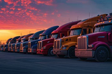 Poster Im Rahmen Row of semi trucks parked under evening sky © Kien