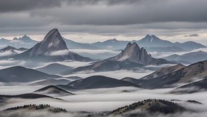 Foggy mountain landscape and forest