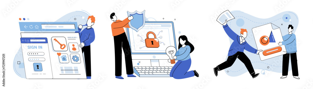 Poster personal data protection vector illustration. database systems store and manage personal data secure