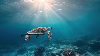 Turtle swimming in sea. Image of animal. copy space for text.