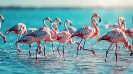 Fotobehang Wild african birds. Group birds of pink african flamingos walking around the blue lagoon on a sunny day. copy space for text. © Naknakhone