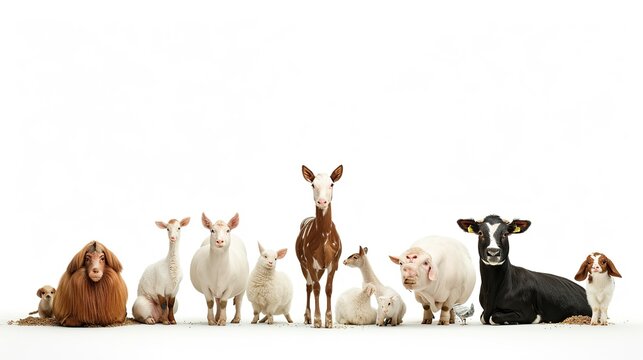 Variety of farm animals in front of white background. image of animal.