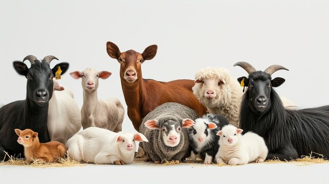 Variety of farm animals in front of white background. image of animal.