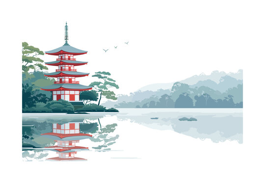 vector illustration of Japanese Traditional Pagoda with Misty Mountain Background