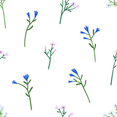 Fototapeta na wymiar Spring flower branches, seamless pattern design. Repeating botanical print, floral texture. Natural blooming herbs, sprigs background for fabric, textile, wallpaper. Flat graphic vector illustration