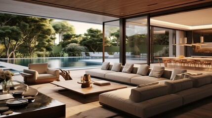 A contemporary luxury living room showcases an indoor-outdoor concept, with seamless transitions to a private pool and garden area