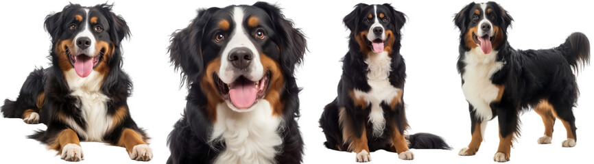 Happy bernese mountain dog collection, lying, portrait, sitting and standing, isolated on a white background