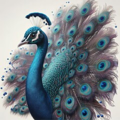 peacock with feathers on white