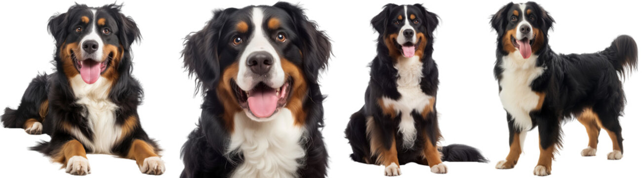Happy bernese mountain dog collection, lying, portrait, sitting and standing, isolated on a white background