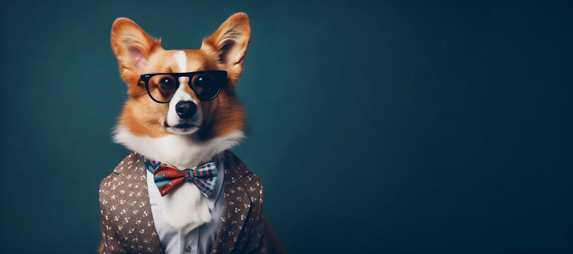 Cool vibes with a Corgi in trendy attire—dress-jacket, tie, sunglasses—against a banner background, creating an engaging image for advertising