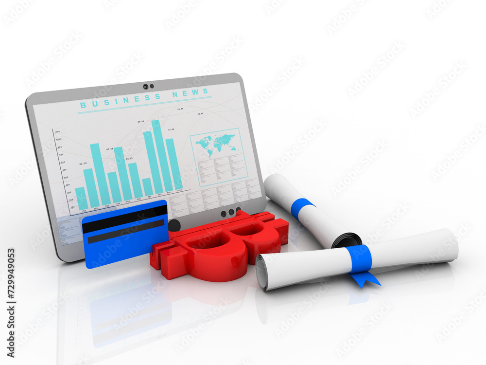 Poster 3d rendering debit card swiping bitcoin connected mobile tablet