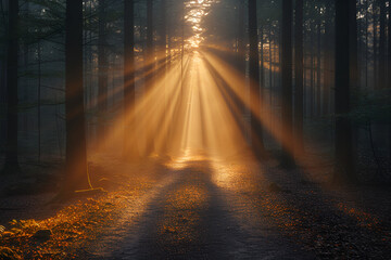 Majestic sunbeams filter through the trees onto a serene, mist-covered forest trail at dawn.