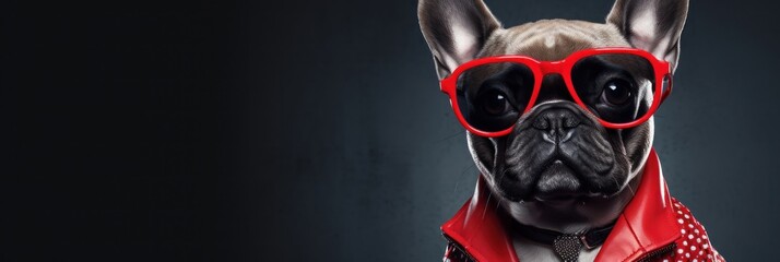 A French bulldog wearing a fashion dress-jacket, tie, and sunglasses, captured against a banner backdrop—ideal for advertising with style and flair.