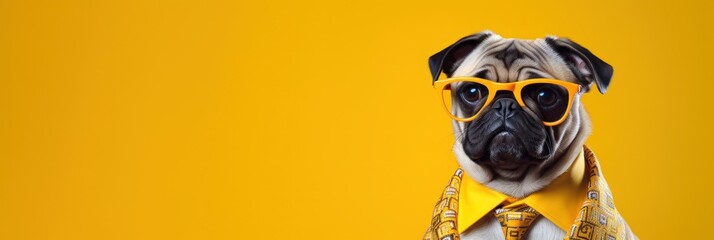 Stylish Pug in chic attire, a fashionable dress-jacket, tie, and sunglasses, against a banner background—perfect for advertising trendy products.