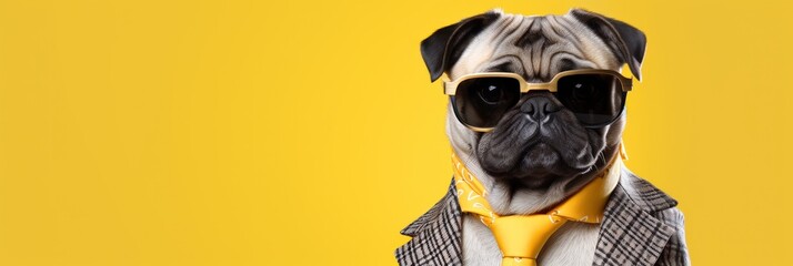 Obraz na płótnie Canvas Cool vibes with a Pug in trendy attire—dress-jacket, tie, sunglasses—against a banner background, creating an engaging image for advertising