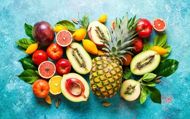 Obraz na płótnie Canvas Summer healthy food concept, top down view on raw tropical fruits