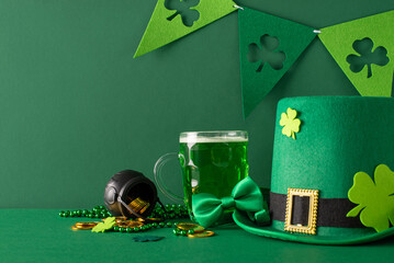 St. Patrick's Day theme: side view shot featuring pint of beer, green shamrocks, glittering gold coins, mystical pot, leprechaun hat, bow tie, beads, flag garland, all set on vibrant green backdrop - Powered by Adobe