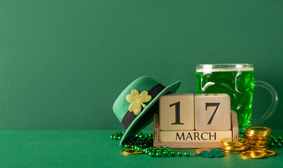 St. Paddy's Day side view arrangement: Date blocks, frothy beer, coin treasures, leprechaun's pot,...