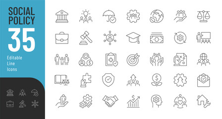Social Policy Line Editable Icons set. Vector illustration in modern thin line style of flow process related icons: education, reform, services, welfare, health care, legislation, society, and more. 