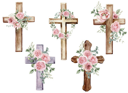 Floral cross with pink roses flowers. Christian crosses set. Watercolor painted illustration for Easter, Baptism