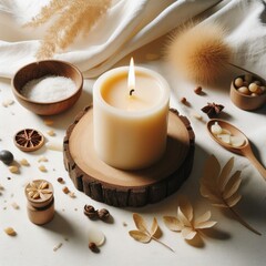 Fototapeta na wymiar Aromatic candle and flowers