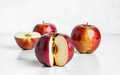 Whole and cut red fresh apples on white background, side view