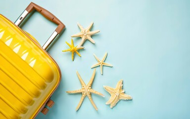 Fototapeta na wymiar Yellow suitcase starfishes on a white background. Top view, flat lay.