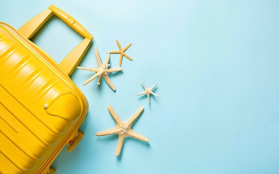 Yellow suitcase starfishes on a white background. Top view, flat lay.