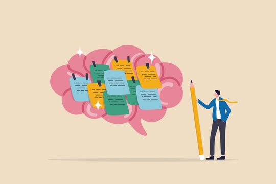 Idea memo, brainstorm or scrum sticky notes, productive plan, memory or task reminder, mind map for work arrangement, thought and wisdom concept, businessman write sticky notes on human brain.