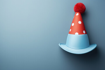 Multicolored clown hat on a blue background with space for text. April Fool's Day. Generated by artificial intelligence