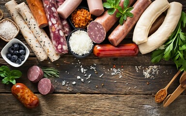 Sausages assortment in a rustic style, view from above