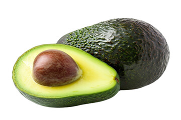 Two avocados, one whole and one halved isolated on transparent or white background, png