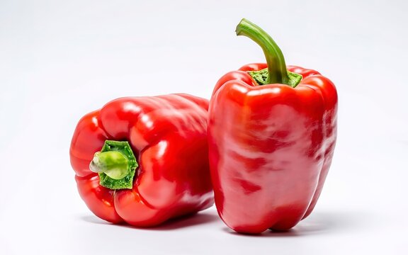 Two Fresh Red Sweet Bell Peppers Isolated on White Background