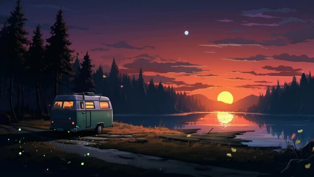 Wanderlust Retreat: Relaxing in a Campervan, Capturing the Beauty of a Sunset by the Lake Amidst Trees. Animated fantasy background, watercolor painting illustration style, seamless looping 4K video