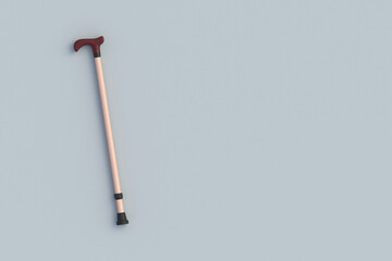 Walking stick. Assistance equipment. Elegant accessory. Aristocratic style. Cane for additional support. Copy space. Top view. 3d render