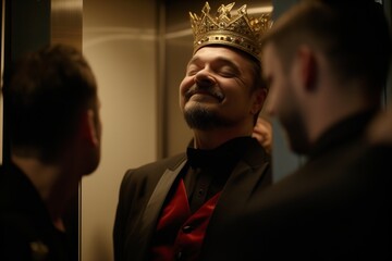 crowned man in elevator, looking down at others with smirk - obrazy, fototapety, plakaty