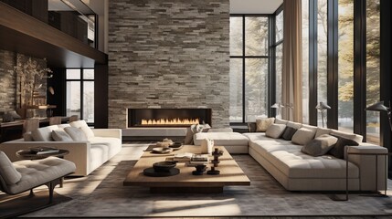 A contemporary luxury living room blends minimalism with natural elements, featuring stone accents, clean lines, and large windows