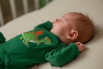 baby in a green onesie with a dinosaur, lying on back