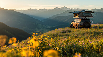 A serene scene of a rugged SUV equipped with a rooftop tent, parked in a blooming wildflower meadow with a backdrop of majestic mountains at sunrise or sunset.