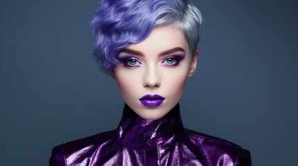 Woman with short hairstyle wearing purple shiny foil style outfit