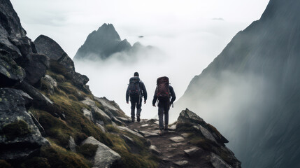 A trekker walks up a rocky mountain, hiker view from behind with a foggy view..
