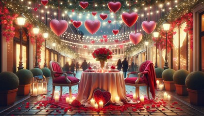 A romantic Valentines Day setting at an outdoor cafe, decorated with red hearts, fairy lights, roses, and candles, creating an enchanting and intimate atmosphere
