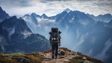 A trekker walks up a rocky mountain, hiker view from behind with a foggy view.. - obrazy, fototapety, plakaty