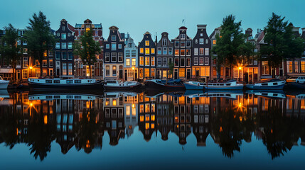 Fototapeta na wymiar Amsterdam after dark: illuminated canal houses and their mirrored reflections